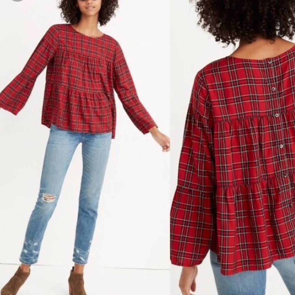 Madewell tiered plaid button back top size L red